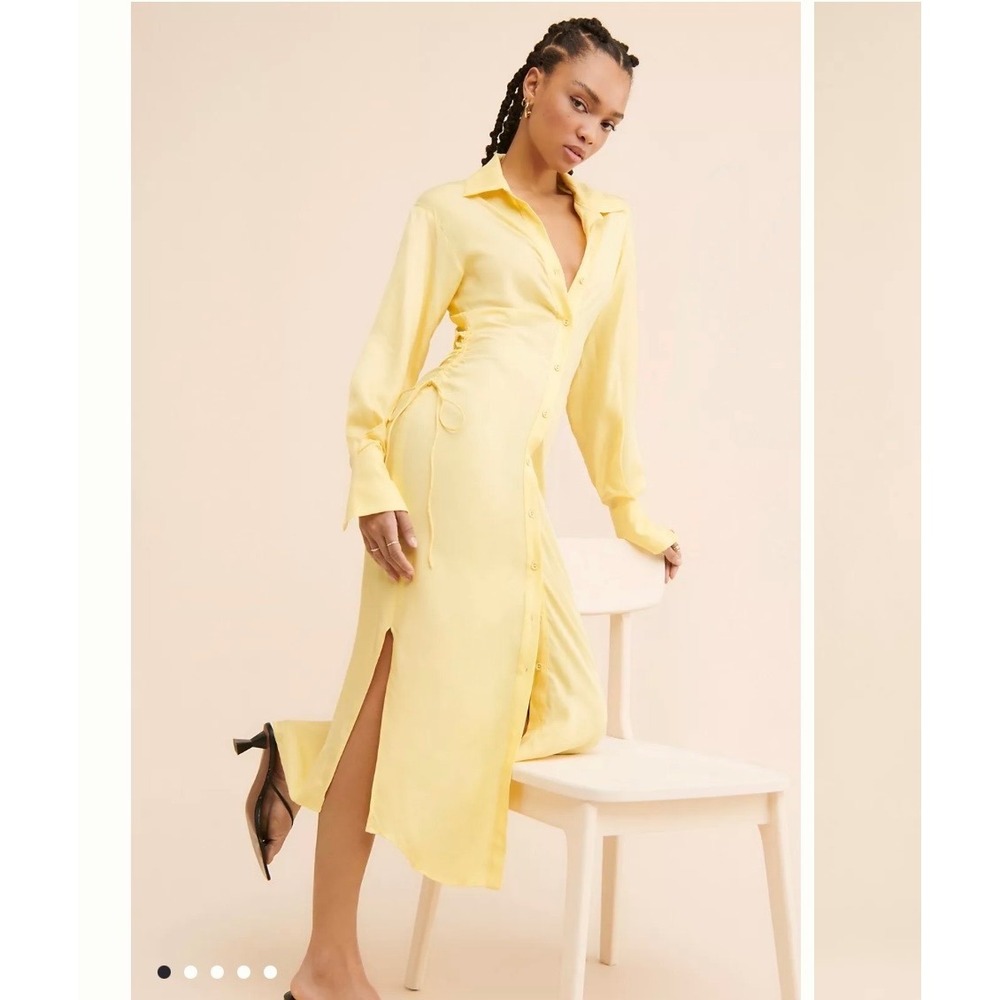 J6 Suboo‎ Yellow Ruched Waist Button Down Midi Shirt Dress Long Sleeve Large